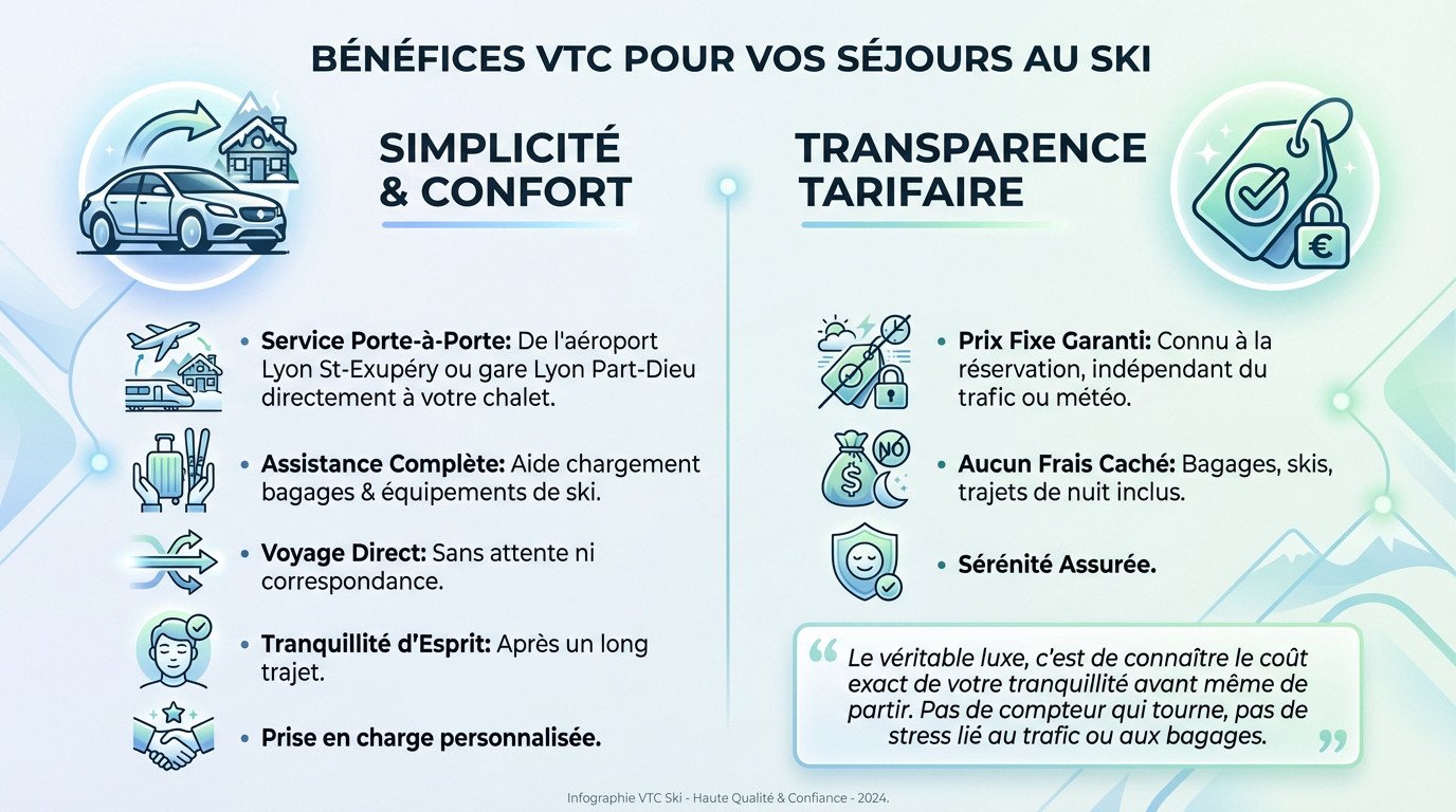 Chauffeur VTC chargeant des équipements de ski dans un véhicule confortable pour un transfert vers les stations