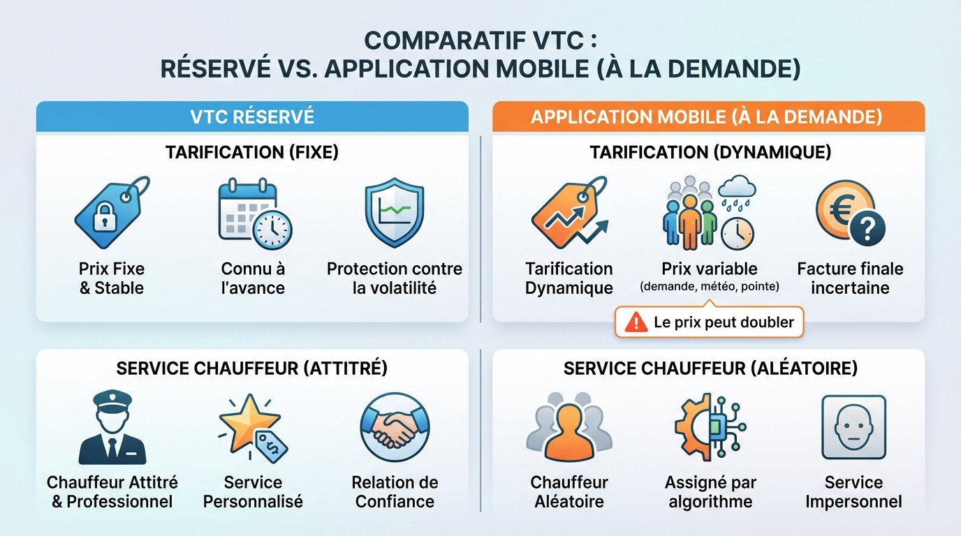 Comparaison entre un VTC réservé à prix fixe et une application mobile à tarification dynamique