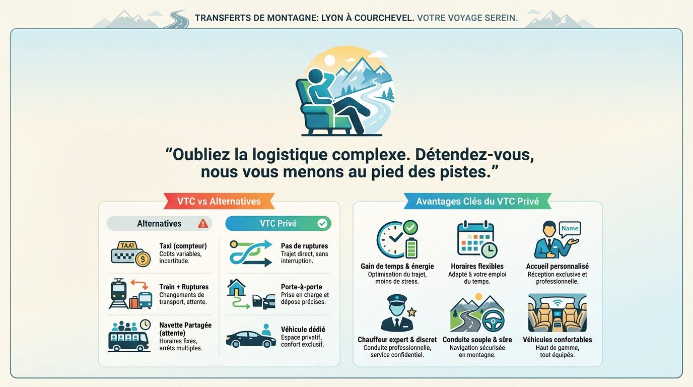 VTC Lyon Courchevel 2025 : tarifs et durée du transfert 3 Chauffeur privé VTC chargeant des bagages dans un véhicule haut de gamme pour un transfert montagne