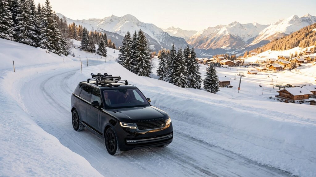 VTC transfer from Lyon to Alpe d'Huez in winter, showcasing snow-covered mountains and a comfortable vehicle.