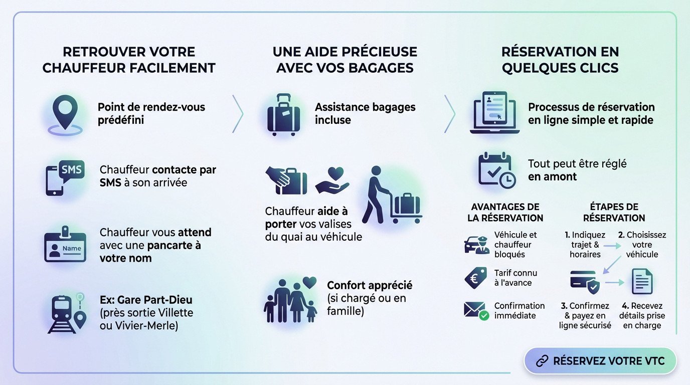 Chauffeur VTC aidant un passager avec ses bagages à la gare Lyon Part-Dieu
