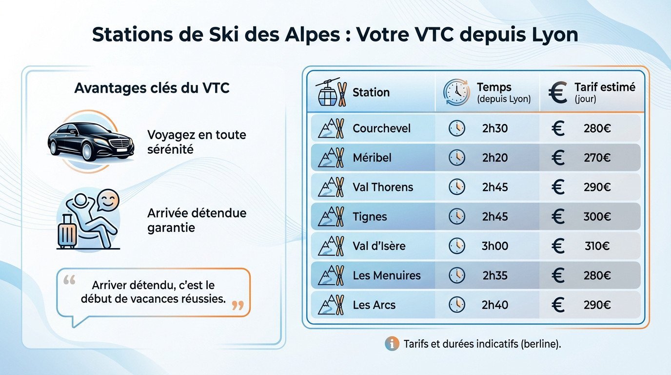 Tableau comparatif des temps de trajet et tarifs VTC depuis Lyon vers les stations de ski