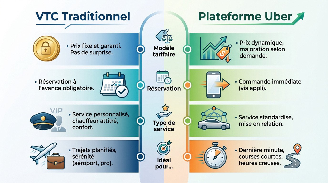 Tableau comparatif des différences de services entre un VTC traditionnel et Uber à Lyon