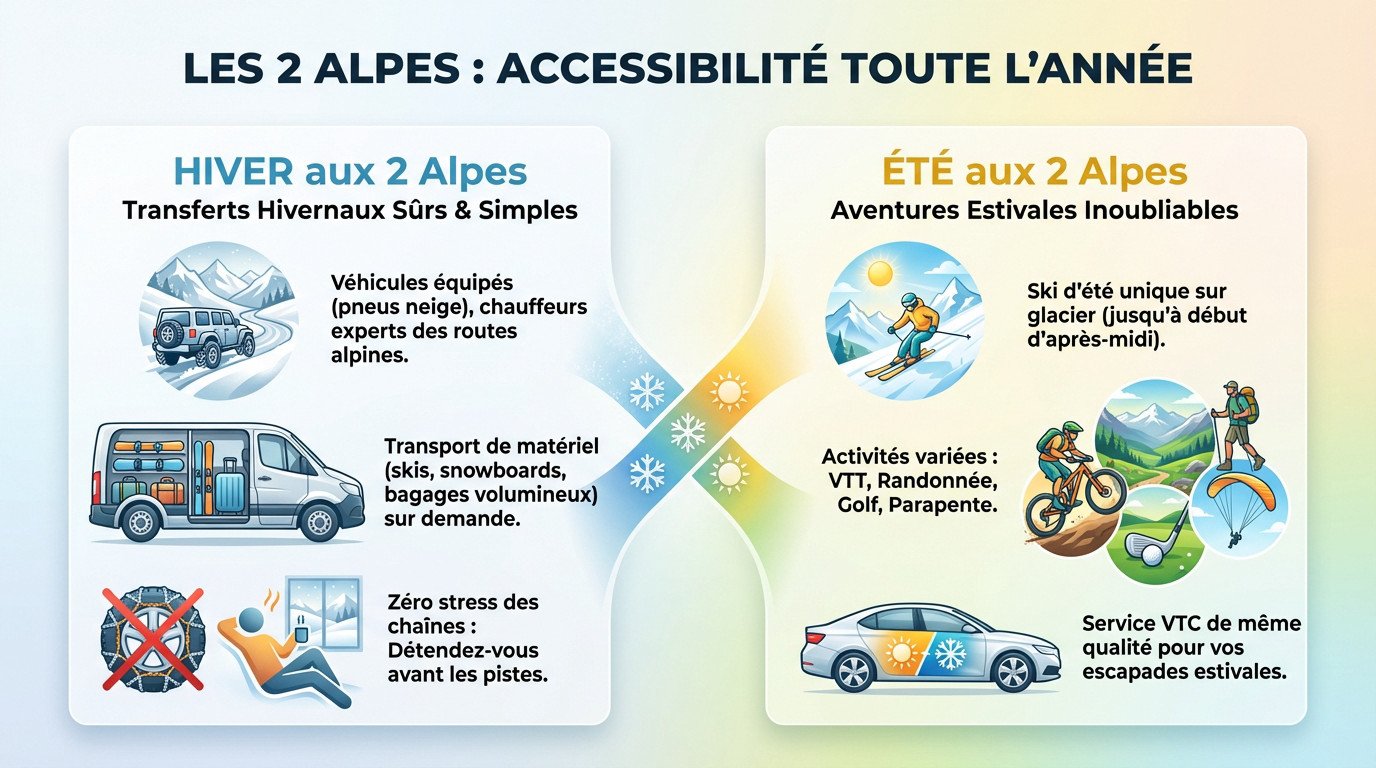 Vue panoramique de la station Les 2 Alpes accessible été comme hiver en VTC