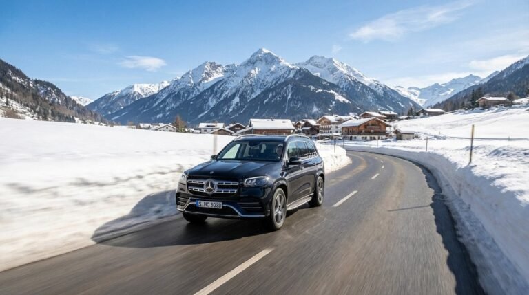 VTC transport from Lyon to Tignes, showcasing a scenic mountain road with snow-covered peaks.