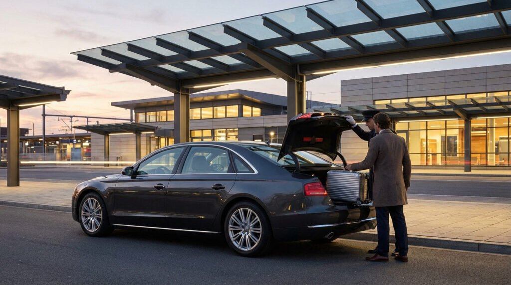 Chauffeur privé attendant à la gare Part-Dieu à Lyon, service VTC 24h/24