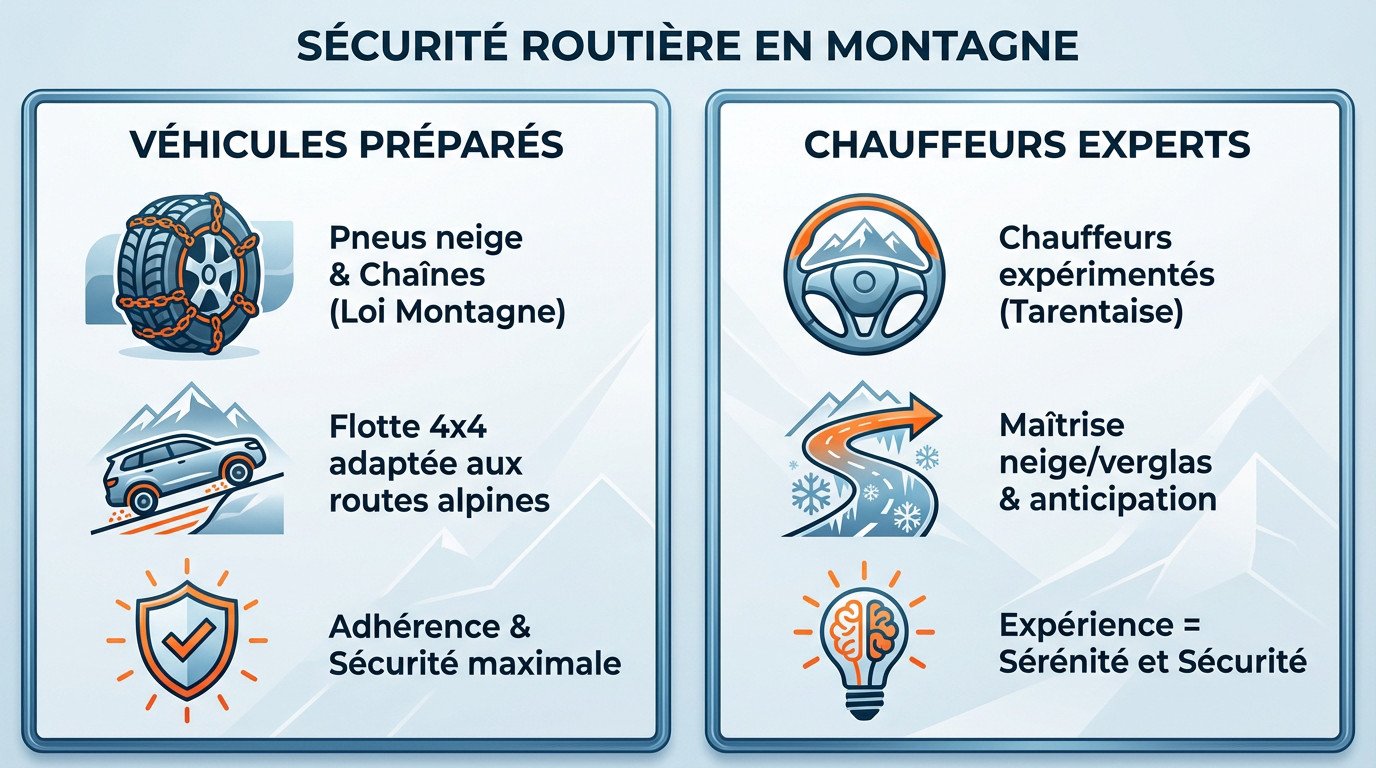 Chauffeur VTC préparant un véhicule pour la conduite sur neige vers Tignes