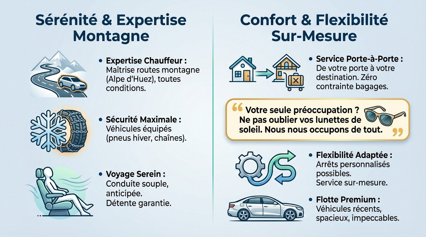 Chauffeur VTC chargeant des bagages dans un véhicule confortable équipé pour la neige en direction de l'Alpe d'Huez