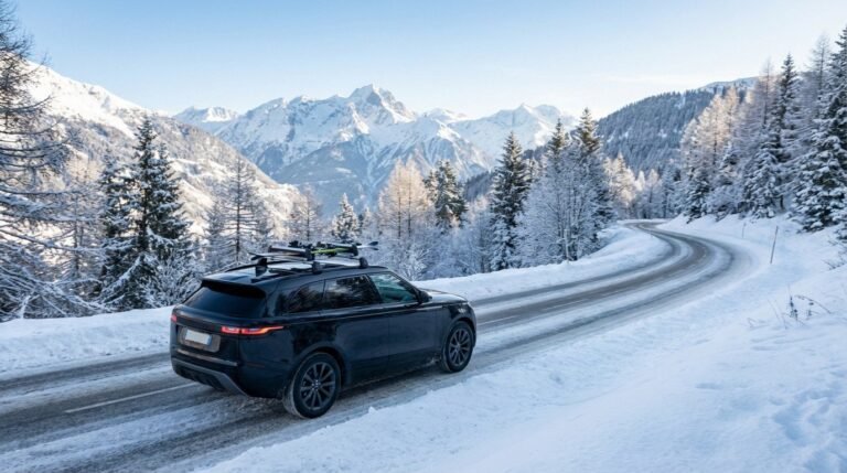 VTC transfer from Lyon to Val Thorens with snow-covered mountains in the background