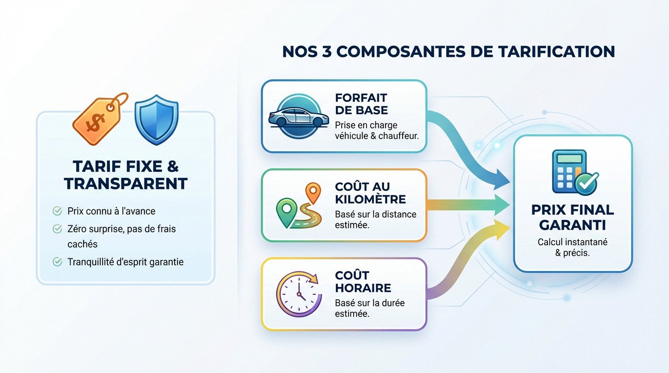 Schéma explicatif de la transparence tarifaire et du calcul du prix d'une course VTC à Lyon