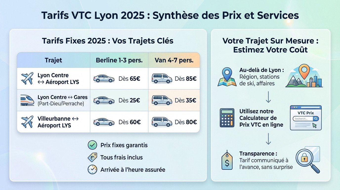 Tableau des tarifs VTC Lyon 2025 pour les trajets vers l'aéroport Saint-Exupéry et les gares