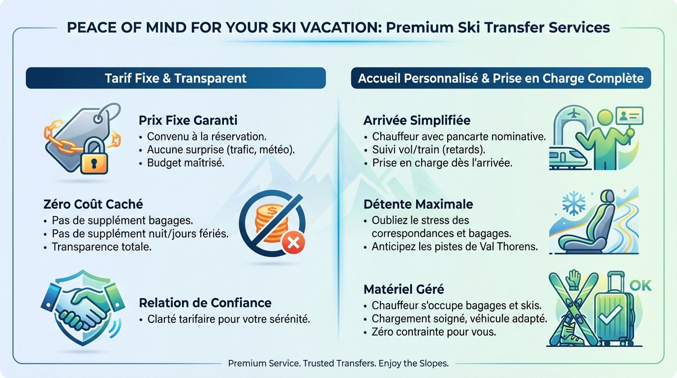 Chauffeur privé chargeant du matériel de ski dans un véhicule 4x4 pour un transfert Lyon Val Thorens