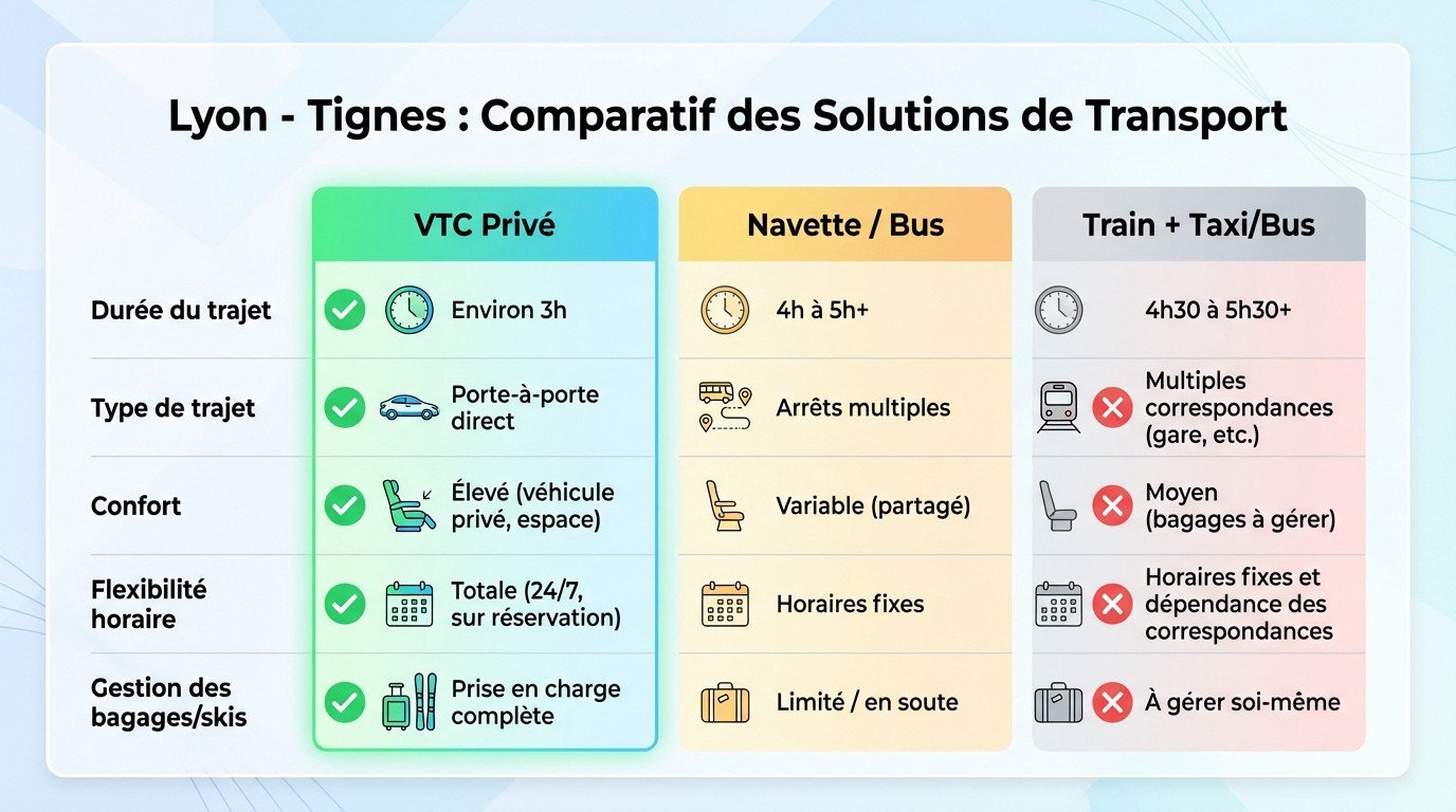 Tableau comparatif des modes de transport entre Lyon et Tignes montrant les avantages du VTC