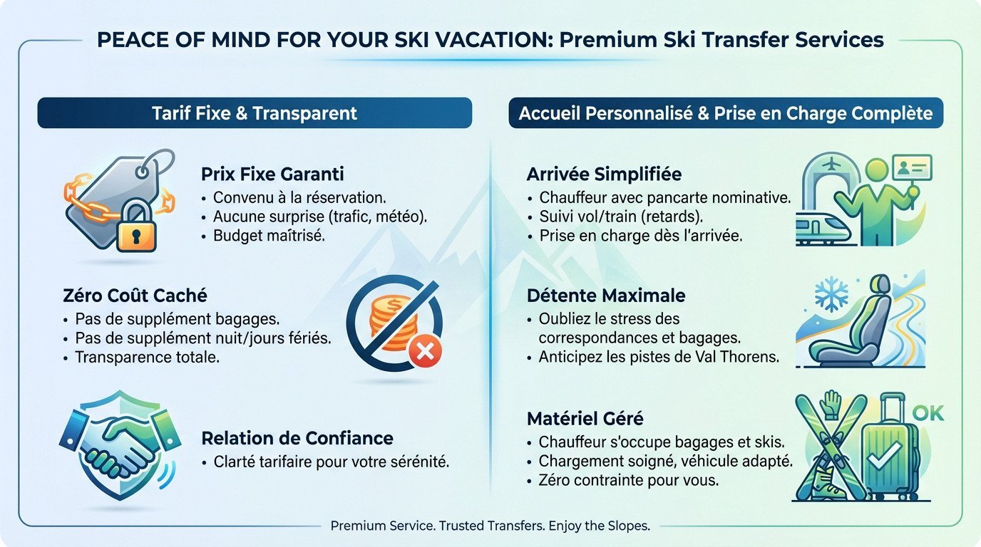 Chauffeur privé chargeant du matériel de ski dans un véhicule 4x4 pour un transfert Lyon Val Thorens