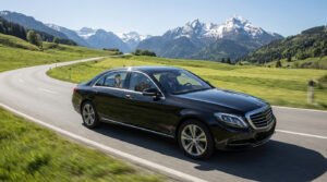 VTC transfer from Lyon to Chambéry, showcasing a comfortable vehicle against a scenic Alpine backdrop