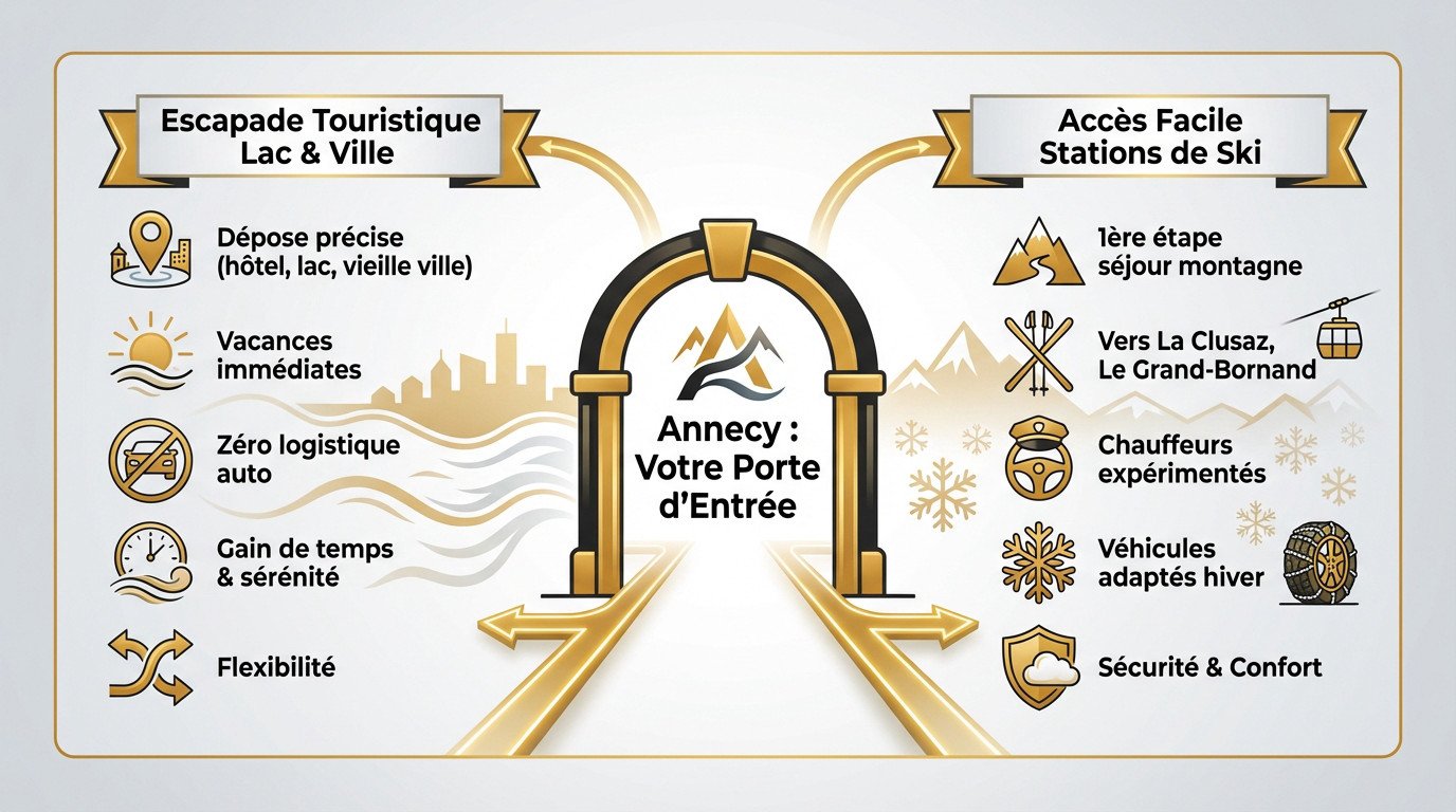 Vue panoramique sur le lac d'Annecy et les montagnes environnantes, illustrant le point d'arrivée du transfert VTC