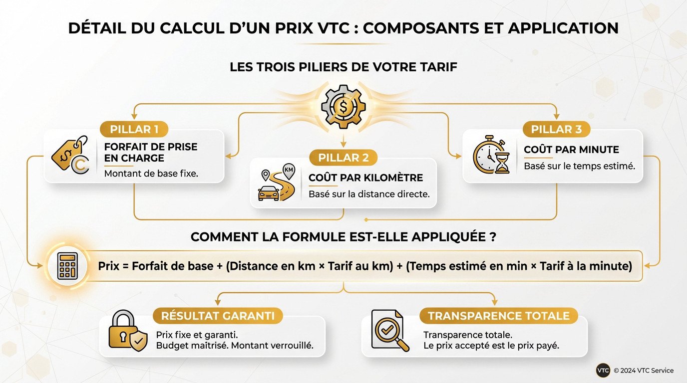 Schéma détaillant les composants du calcul du prix d'une course VTC : base, distance et temps