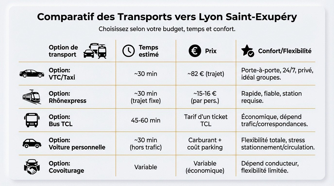 Tableau comparatif des options de transport vers l'aéroport Lyon Saint-Exupéry incluant VTC et Rhônexpress