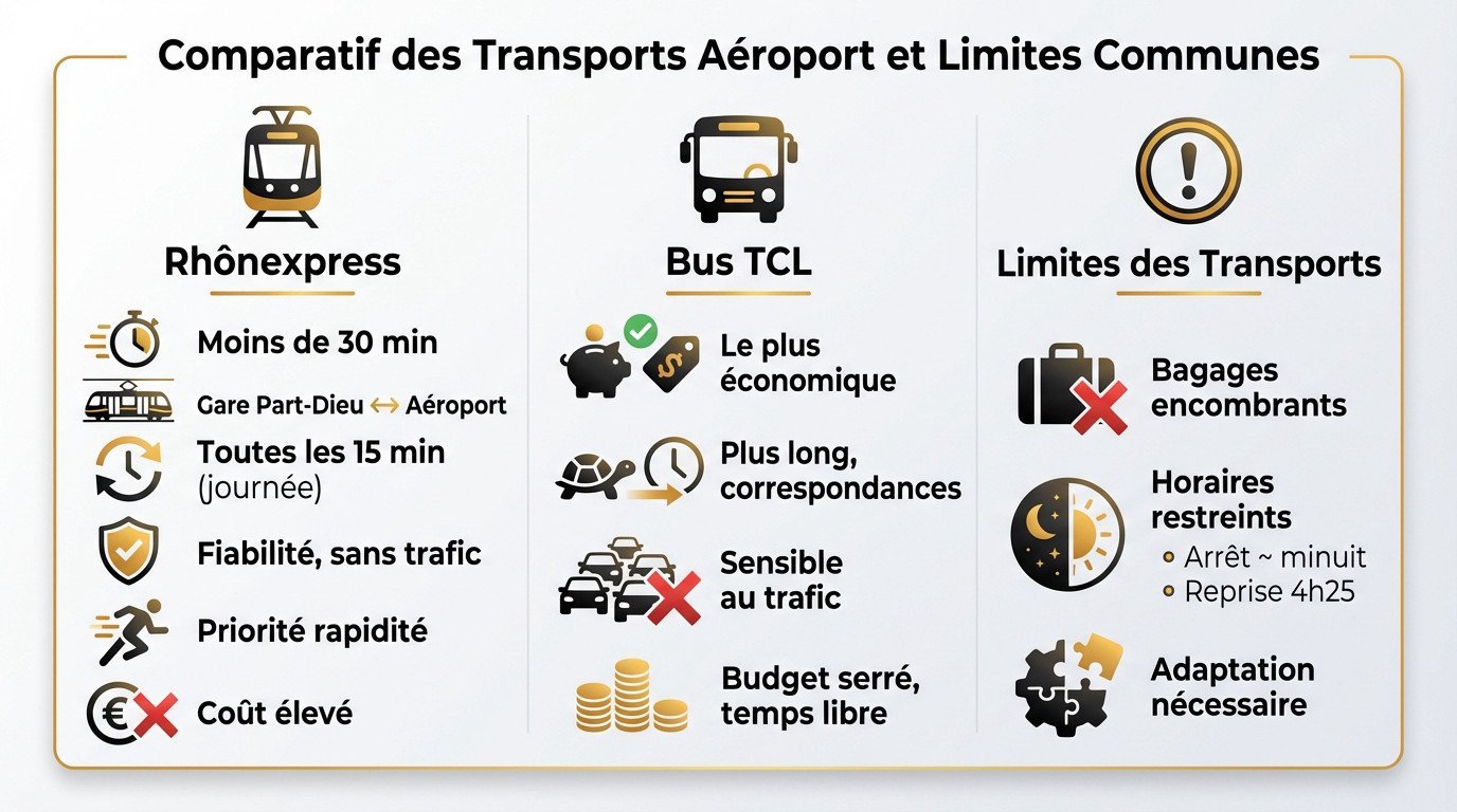 Comparatif des contraintes bagages et horaires des transports en commun vers Lyon Saint-Exupéry
