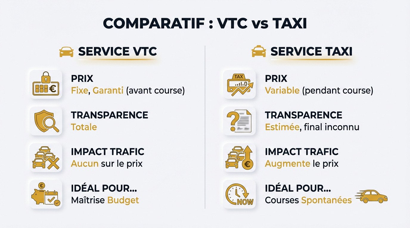 Comparatif visuel entre le compteur d'un taxi et le prix fixe d'une application VTC