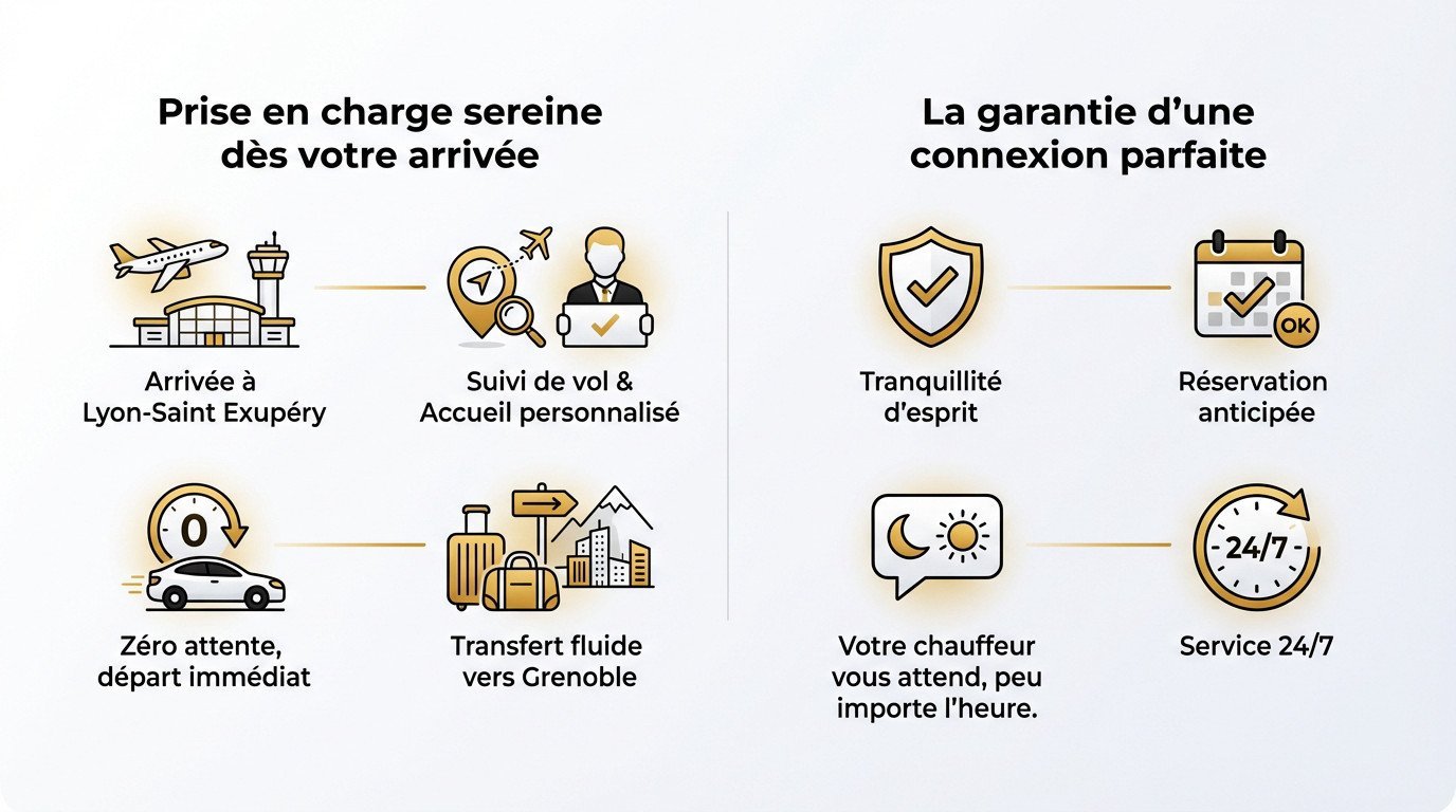 Chauffeur privé accueillant des passagers à l'aéroport Lyon Saint-Exupéry pour un transfert vers Grenoble