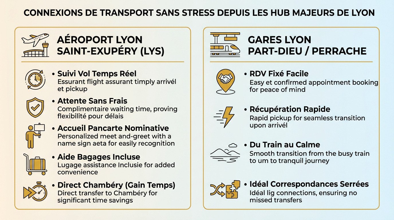 Chauffeur privé VTC accueillant un voyageur d'affaires à la gare de Lyon Part-Dieu pour un transfert vers Chambéry