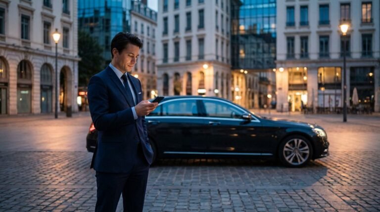 Chauffeur privé à Lyon vérifiant sa carte professionnelle VTC avant un trajet