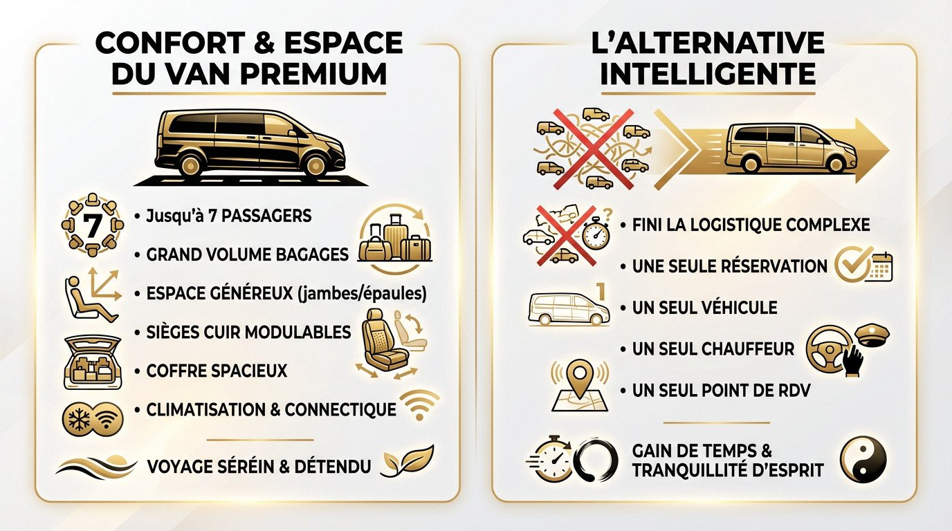Intérieur spacieux et confortable d'un van Mercedes Classe V pour transport de groupe