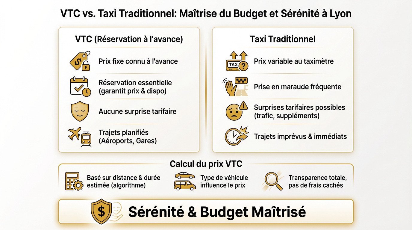 Comparaison entre le compteur d'un taxi traditionnel et le prix fixe d'un VTC à Lyon