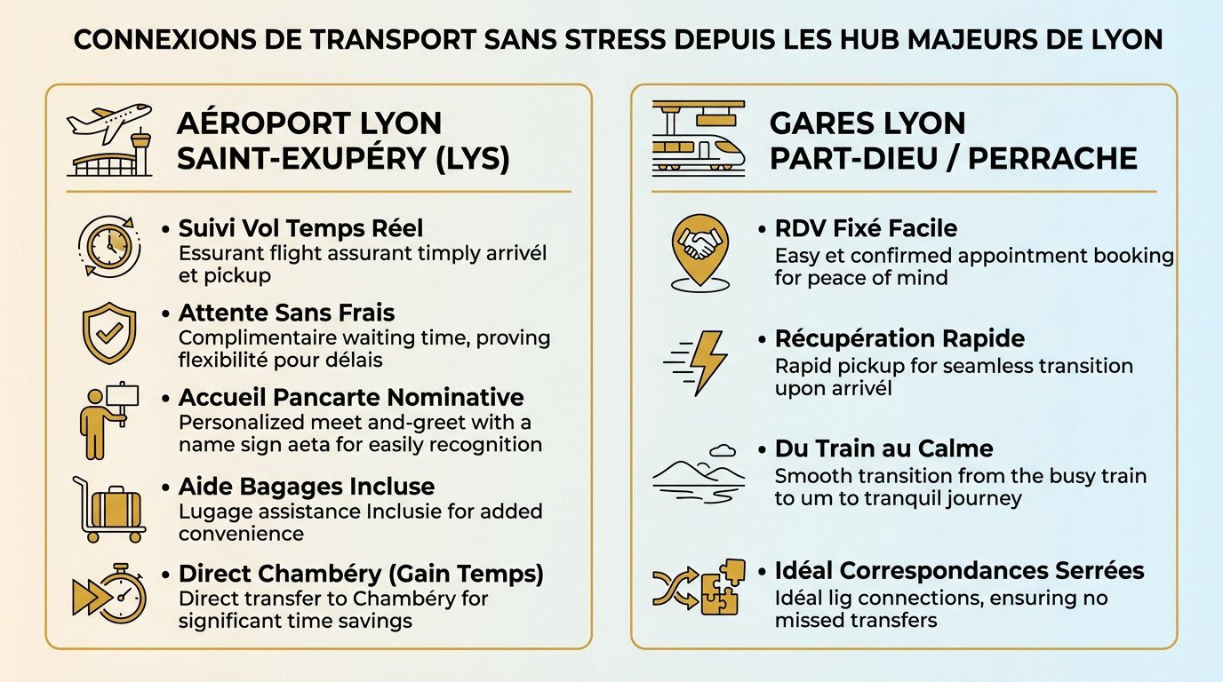 Chauffeur privé VTC accueillant un voyageur d'affaires à la gare de Lyon Part-Dieu pour un transfert vers Chambéry