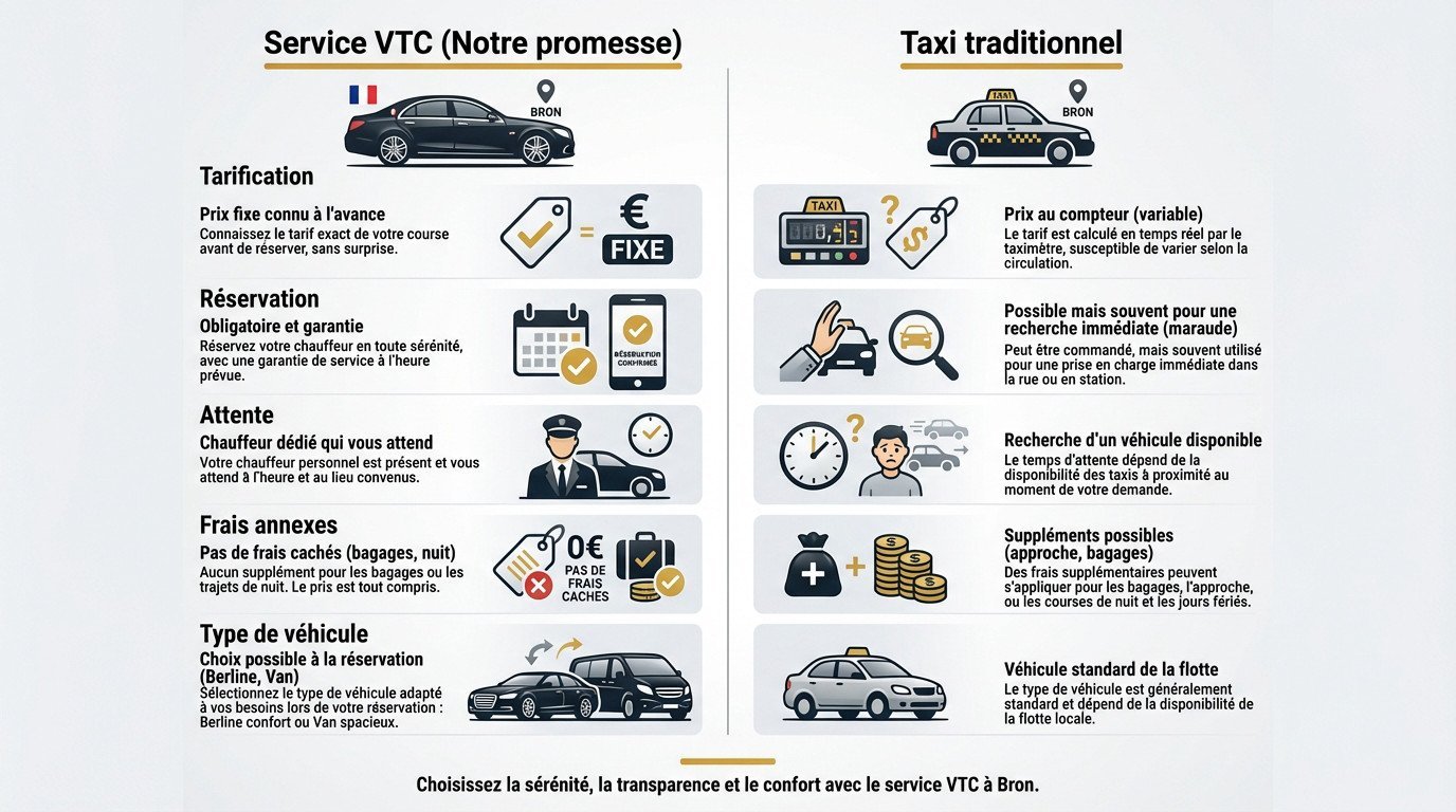 Comparaison des services VTC et Taxi à Bron pour un transfert aéroport serein