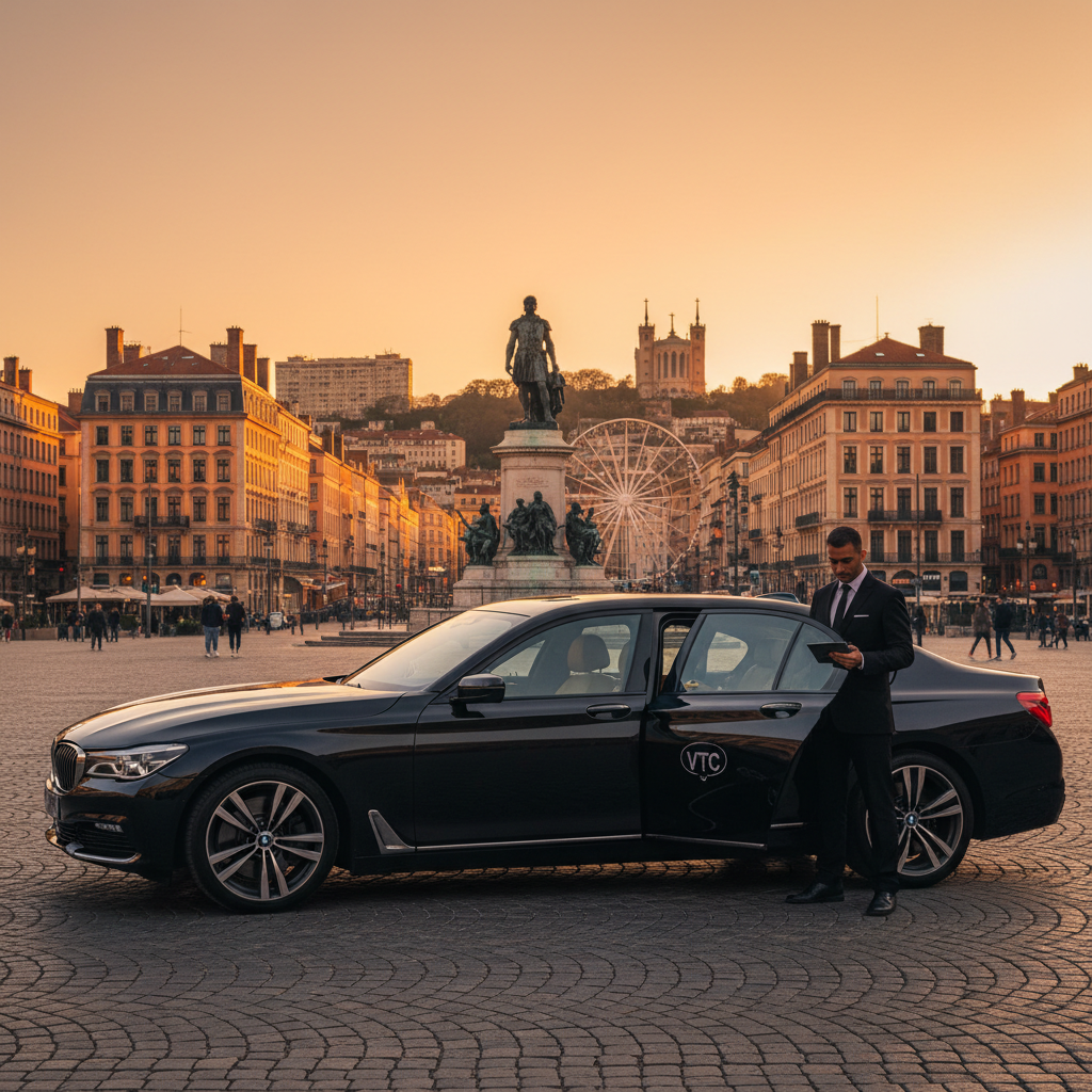 Berline BMW Série 3 noire devant Place Bellecour Lyon - Lyon VTC chauffeur privé
