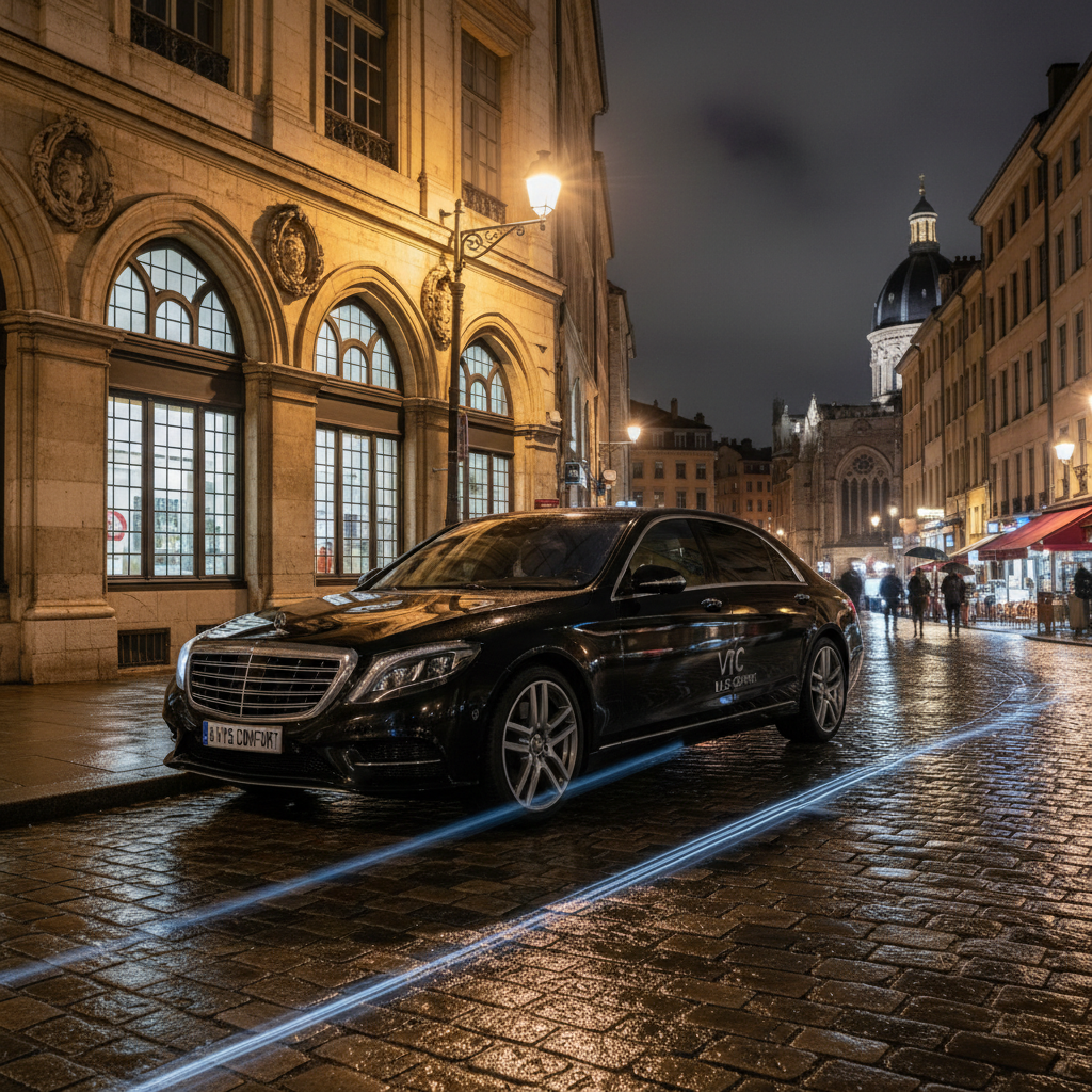 Berline noire de luxe devant un immeuble historique de Lyon la nuit - Lyon VTC