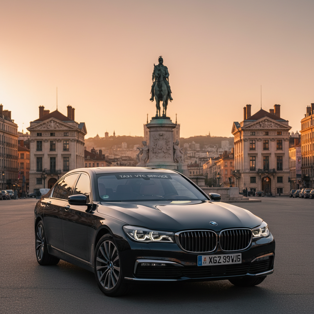 Berline noire taxi Lyon devant Place Bellecour — chauffeur VTC Lyon disponible pour aller-retour ou trajet simple