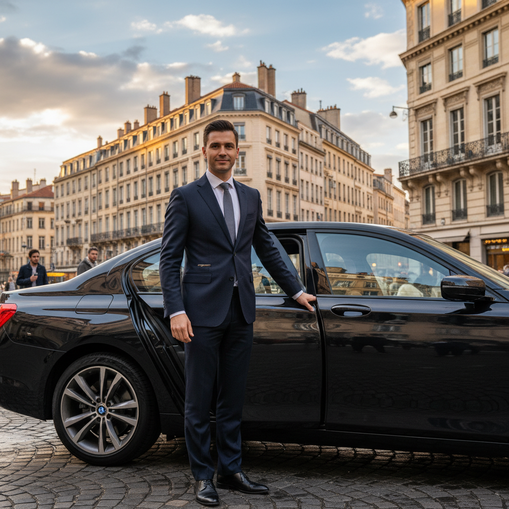 Chauffeur VTC lyonnais devant berline noire — navette élégante adaptée aux trajets longue distance
