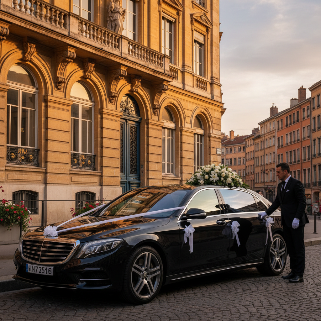 Mercedes noire décorée pour un mariage à Lyon — navette VTC professionnelle au départ de la métropole lyonnaise