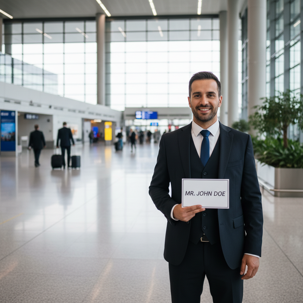 Chauffeur VTC professionnel accueillant un client à l'arrivée - Service Lyon VTC