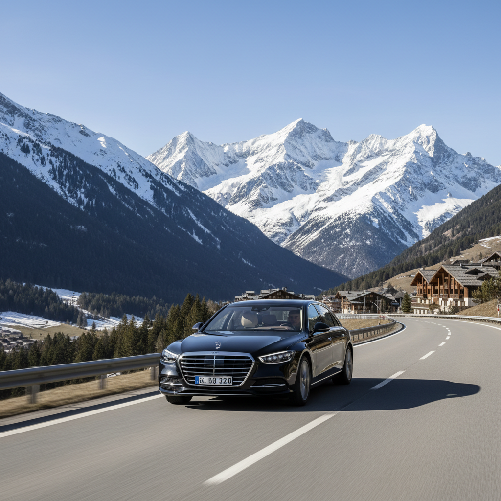 Berline VTC sur la route des Alpes depuis Lyon