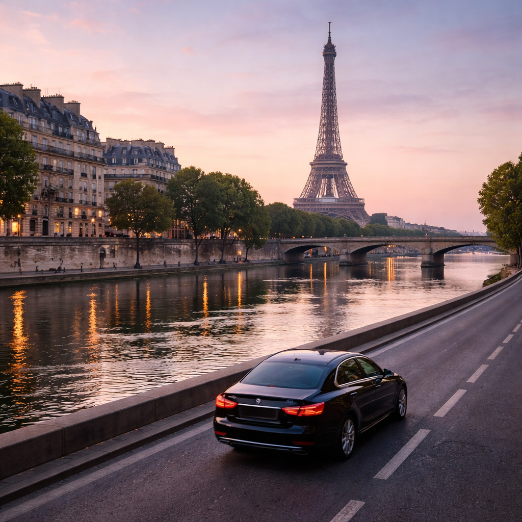 Arrivée à Paris en berline Lyon VTC, vue Seine et tour Eiffel pour le client