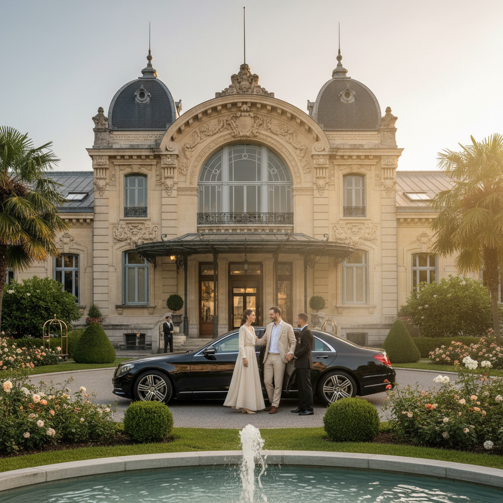 Arrivée en VTC devant les thermes historiques d’Aix-les-Bains