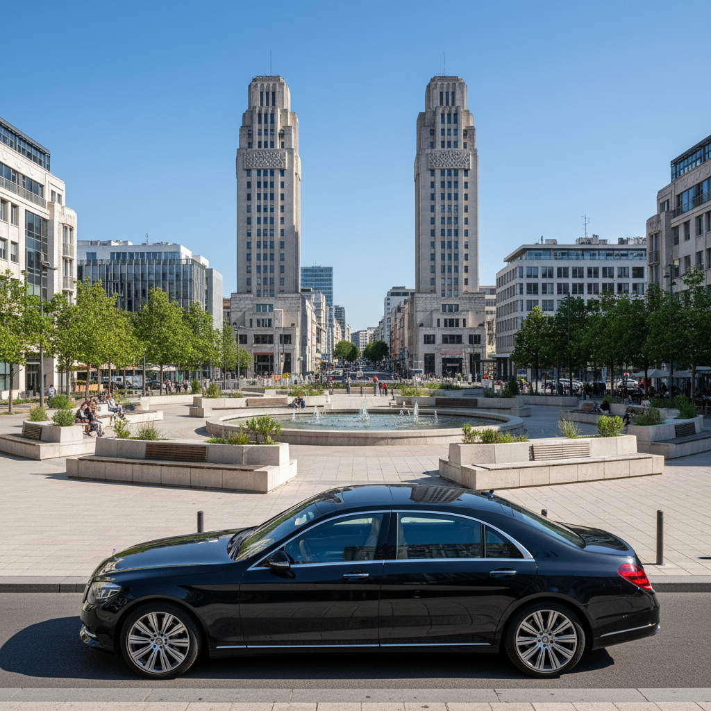 Berline VTC devant les Gratte-Ciel de Villeurbanne, architecture Art Déco