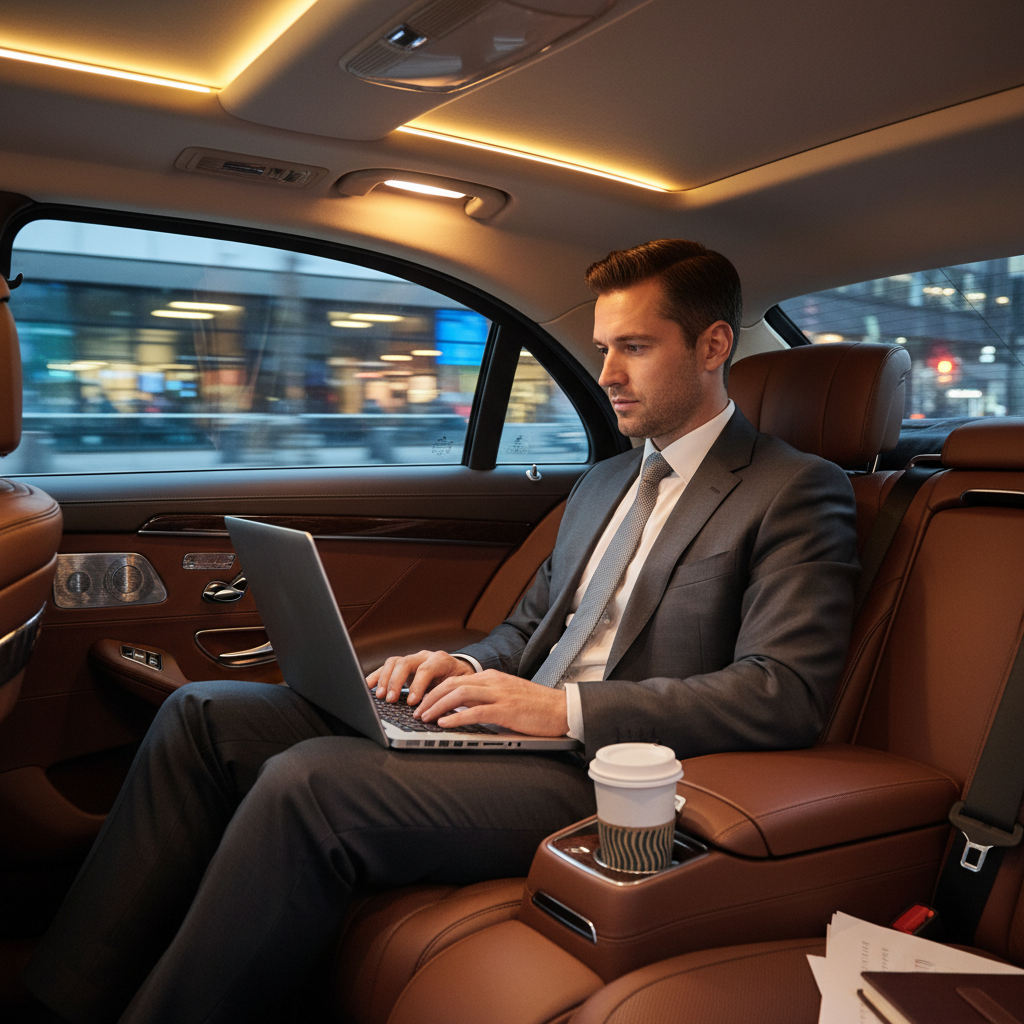 Cadre travaillant sur son ordinateur portable à l’arrière d’un VTC professionnel à Lyon