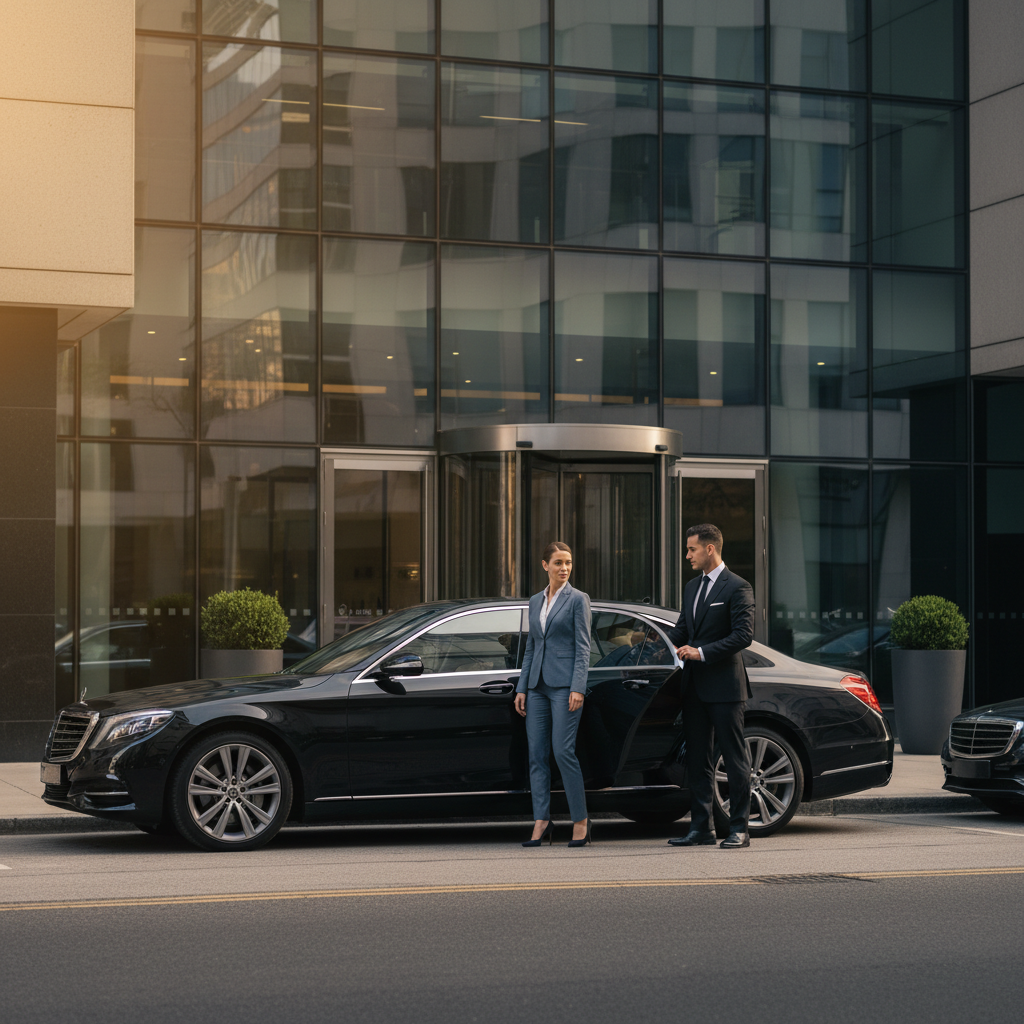 Chauffeur privé accueillant un dirigeant devant un immeuble de bureaux à Lyon