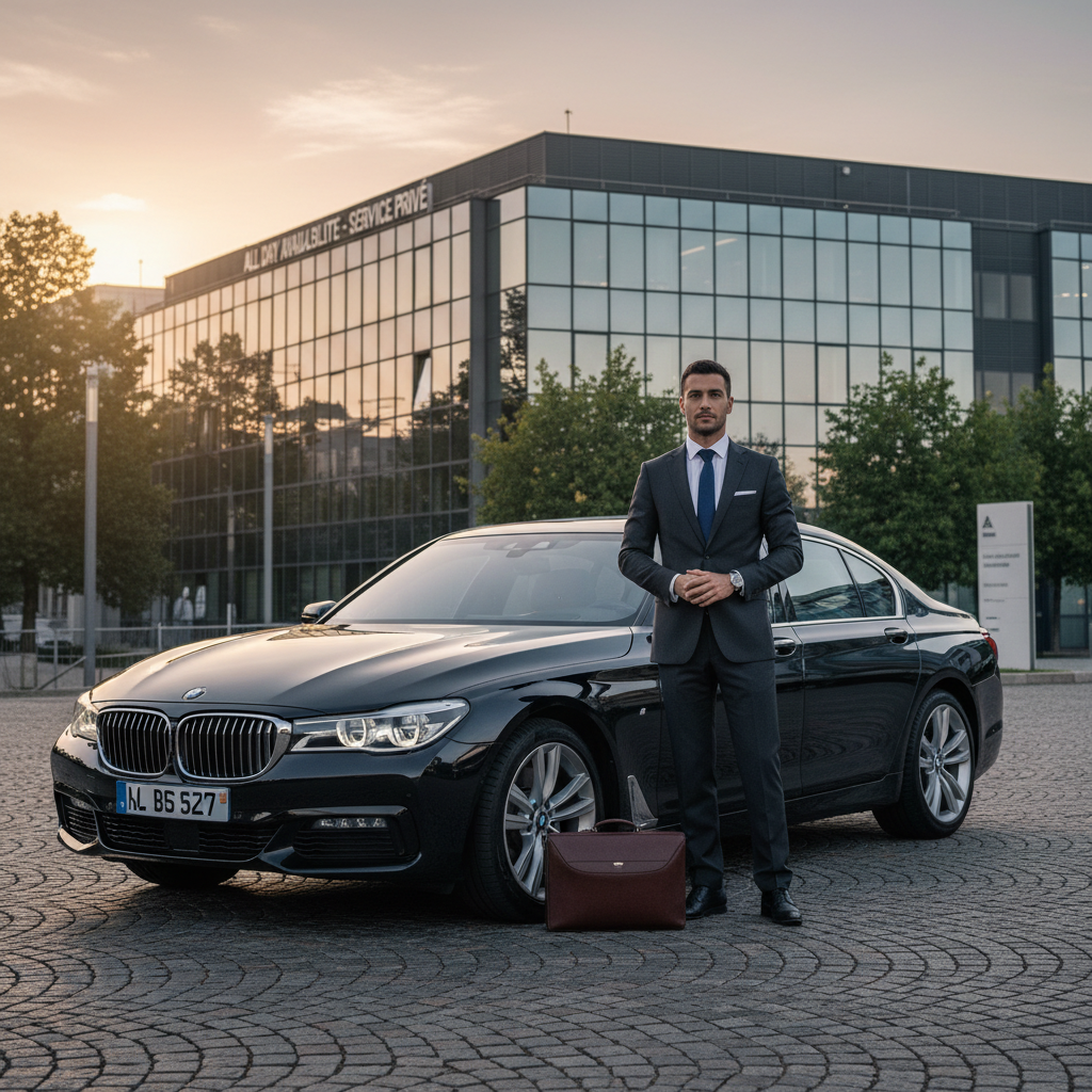 Chauffeur privé en costume attendant près de sa berline pour une mise à disposition à Lyon