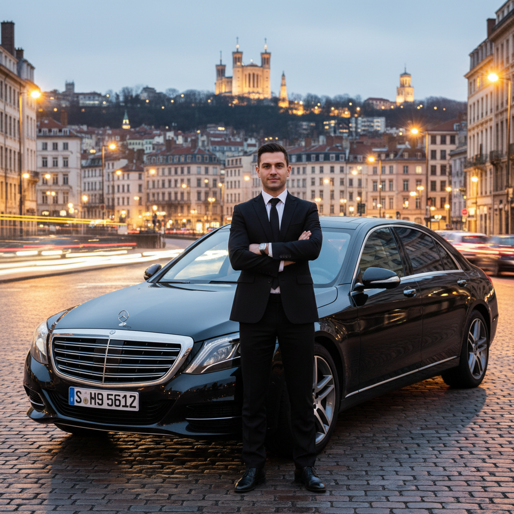 Chauffeur privé en costume devant une berline de luxe à Lyon la nuit, service VTC 24h/24