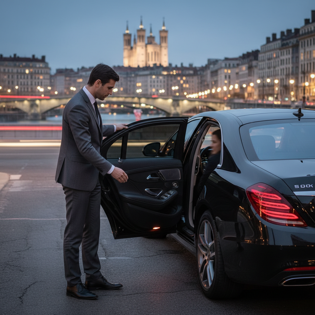 Chauffeur privé ouvrant la portière d’un VTC à Lyon le soir