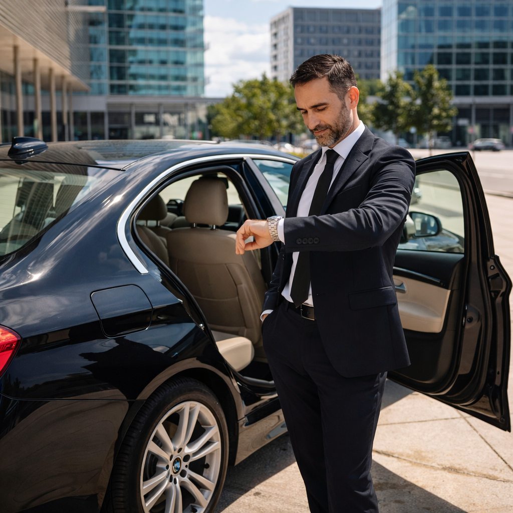 Chauffeur privé Lyon pour déplacement entreprise, berline professionnelle en costume