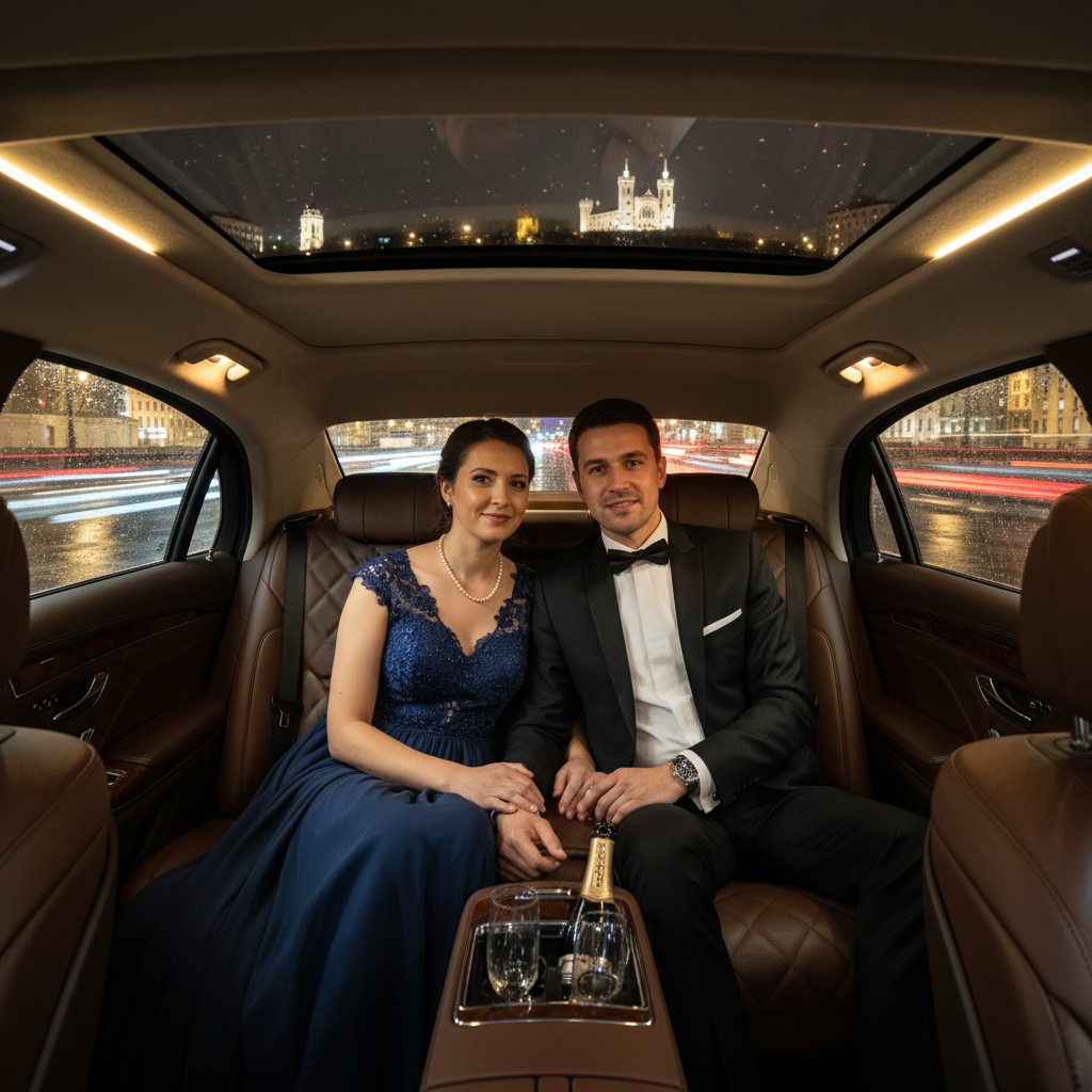 Couple élégant transporté par chauffeur privé pour une soirée gala à Lyon
