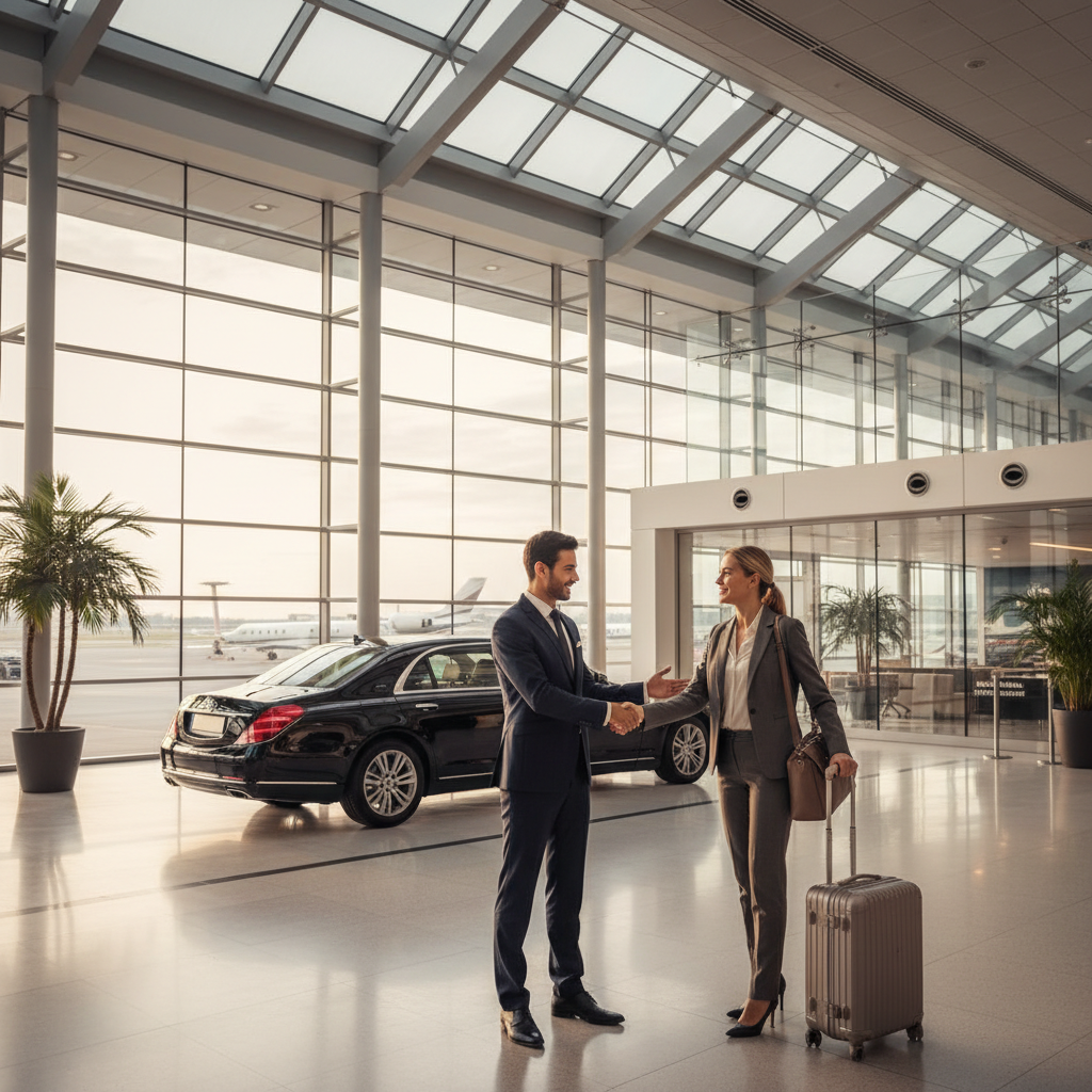 Chauffeur VTC accueillant un passager à l’aéroport Lyon Saint-Exupéry