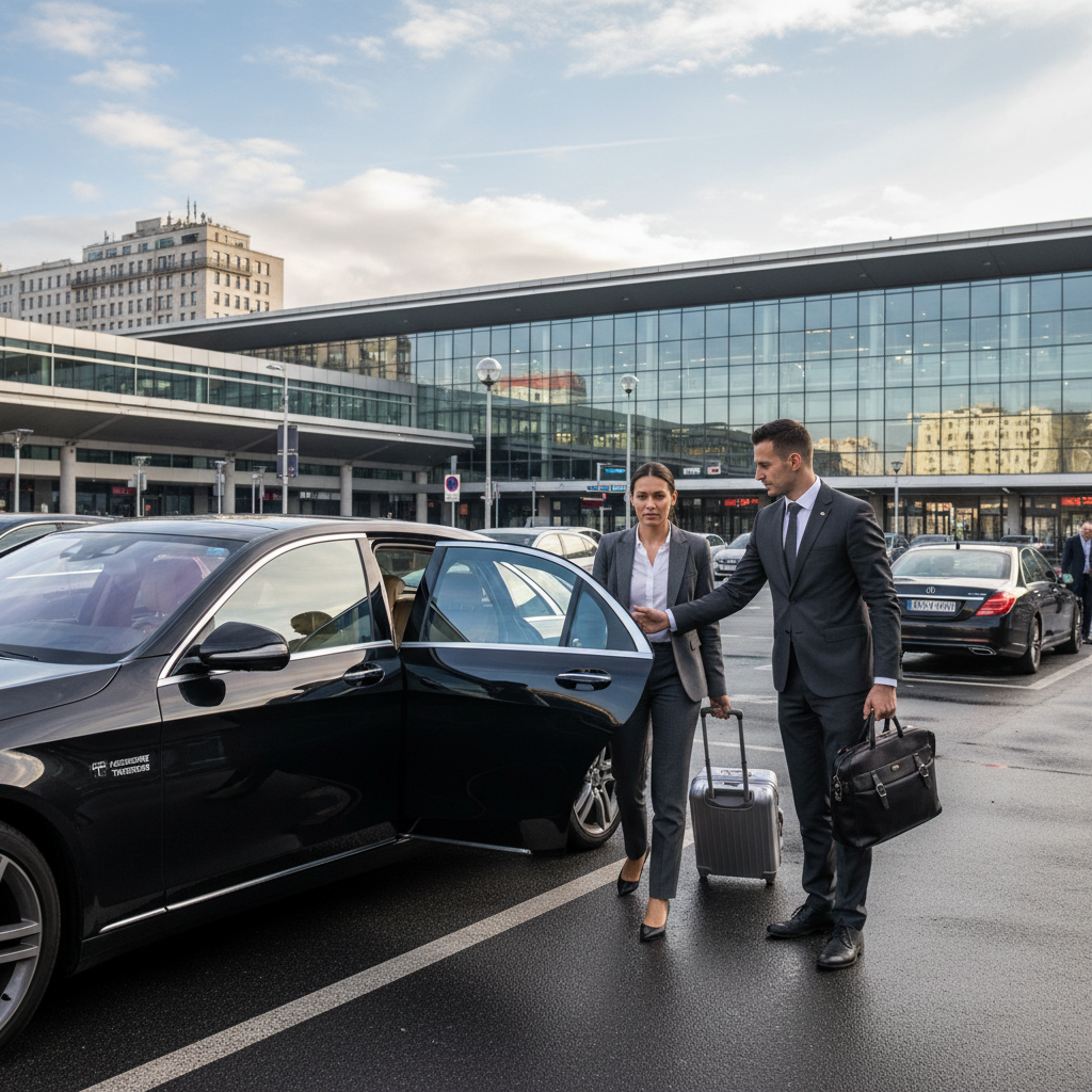 Chauffeur VTC accueillant un voyageur avec bagages à la gare Part-Dieu